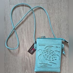 Memories Fashion Accessories Leather Crossbody Teal Turtle Bag NWT!